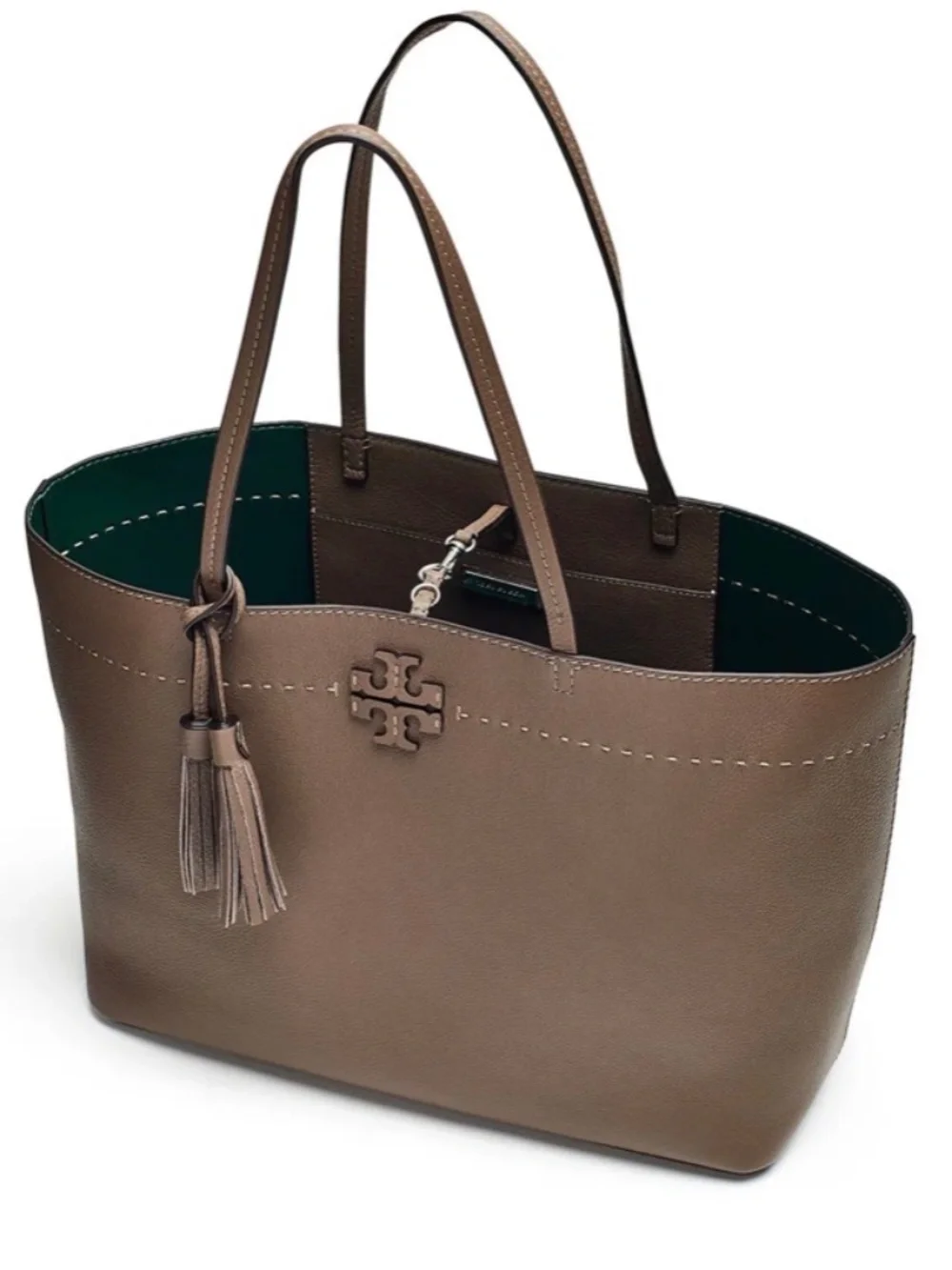 Tory Burch McGraw Tote Mushroom Taupe Leather Removable Tassel Leather Logo